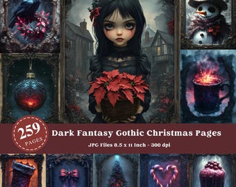 May include: A collection of 259 dark fantasy gothic Christmas digital illustrations. The illustrations feature a variety of festive elements, including a girl holding a poinsettia, a snowman, a cup of hot cocoa, a stocking, a bow, a Christmas tree, a candy cane, and a cake.