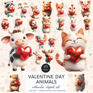 Valentine Day Animals Clipart, Valentine Day Clipart, Cute Valentine PNG, Cute Animals, Woodland Animals, Digital Download, Commercial Use