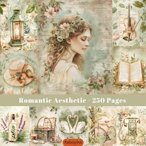 Romantische ongewenste dagboekpagina, Romantisch papier, Digitaal papier, Scrapbookpapier, Afdrukbare afbeelding, Digitale download