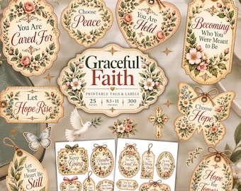 Graceful Faith Printable Tags, Christian Journal Ephemera, Bible Verse Decor, Prayer Scrapbook, Inspirational Labels
