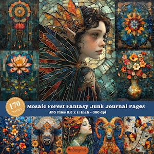 以下が含まれることがあります： モザイクスタイルのイラストが特徴の、森の妖精、花、動物、その他のファンタジー要素をフィーチャーした、印刷可能なジャンクジャーナルページ170枚セット。ページサイズは8.5インチ×11インチ、解像度は300dpiです。
