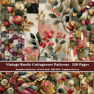 Vintage Rustic Cottagecore Digital Papers, Floral Seamless Patterns for Junk Journal, Scrapbook & Printable Crafts