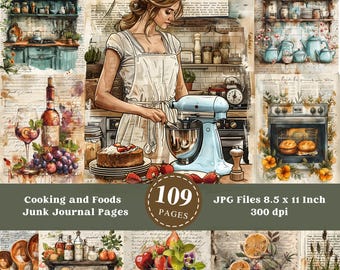 May include: A collage of 109 digital paper pages for junk journaling. The pages feature a variety of images, including a woman baking, a kitchen scene, a bowl of fruit, and a plate of cookies. The pages are designed to be printed and used in a junk journal.