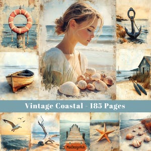 Plage côtière, page de journal indésirable, papier collage bord de mer vintage, art nautique, sans dune, travaux manuels de plage, scrapbooking, image imprimable