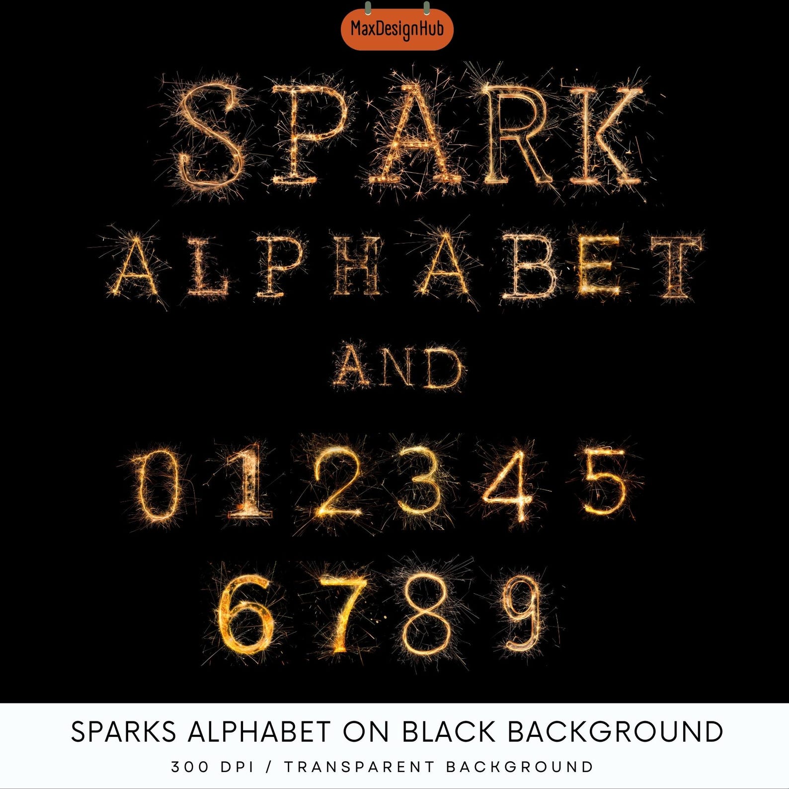 Sparks Alphabet Clipart: Glowing Letters PNG, Black Background (digital ...