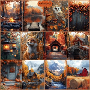 May include: A collage of autumn-themed images. The images include a campfire, a lake with a dock, an owl on a branch, a wooden fence with foliage, hanging lanterns, a fox, a covered bridge, a stone bridge, a house with pumpkins, a cabin, a mountain landscape, and a red barn.