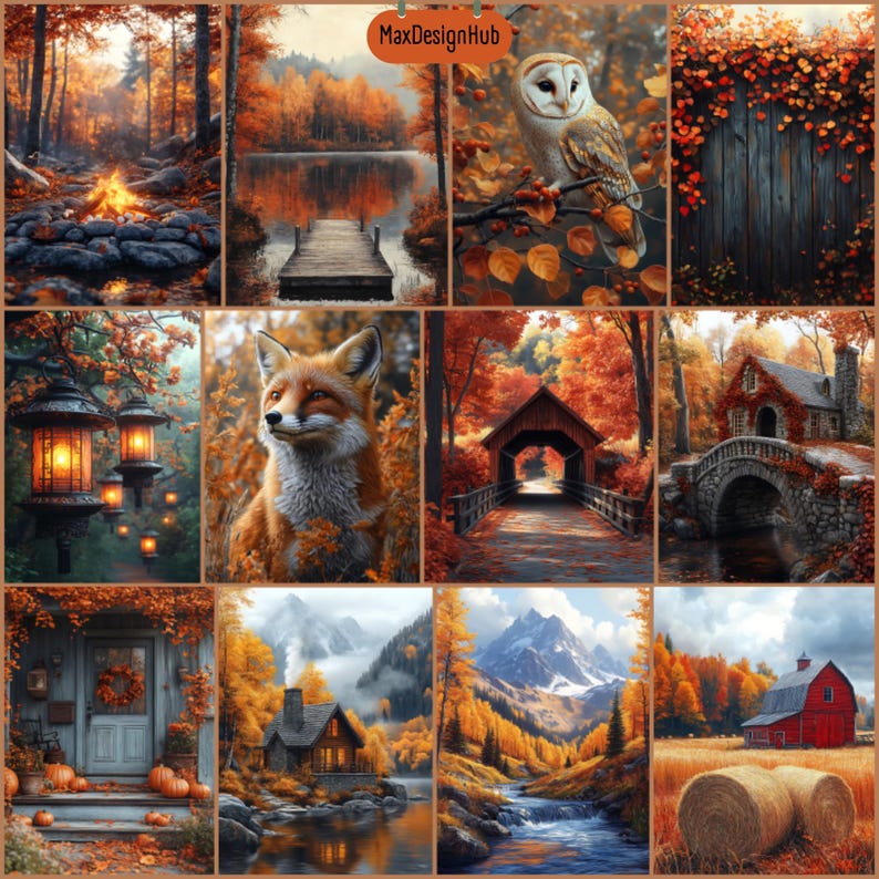 May include: A collage of autumn-themed images. The images include a campfire, a lake with a dock, an owl on a branch, a wooden fence with foliage, hanging lanterns, a fox, a covered bridge, a stone bridge, a house with pumpkins, a cabin, a mountain landscape, and a red barn.