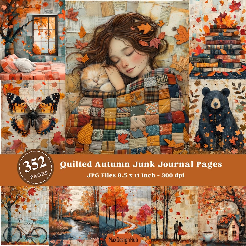 Quilted Autumn Junk Journal Pages: Fall Scrapbook Paper (digital ...