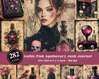 Gothic Pink Apothecary Printable Junk Journal Page, Vintage Potion Bottles, Witchcrafts, Dark Botanical Art, Vintage Apothecary, Gothic Page