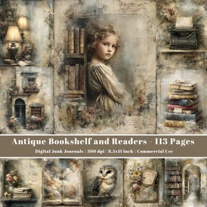 Może przedstawiać: Vintage kolaż z ilustracjami młodej dziewczyny, półek na książki, maszyny do pisania i sowy. Centralny obraz to dziewczyna w pobliżu półki na książki. Tekst brzmi "Antique Bookshelf and Readers - 113 Pages".