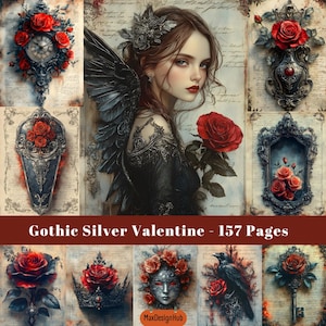 Gothic Silver Valentine Pages, Junk Journal, Ephemera Valentine, Dark Love Paper, Gothic Collage Sheet, Scrapbooking Page, Gothic Love