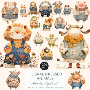 Animals Dressed Watercolor Clipart, Animals Floral Dressed , Farmhouse Animals PNG, Animals Clip Art, Printable Animals, Digital Download
