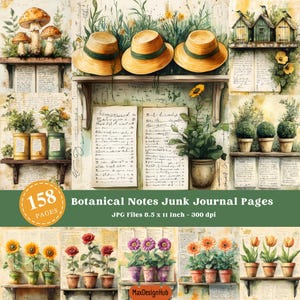 Pagine di diario di appunti botanici, carta digitale botanica, kit di carta per scrapbooking a base di erbe, stampabile floreale, illustrazione della natura, scrapbooking