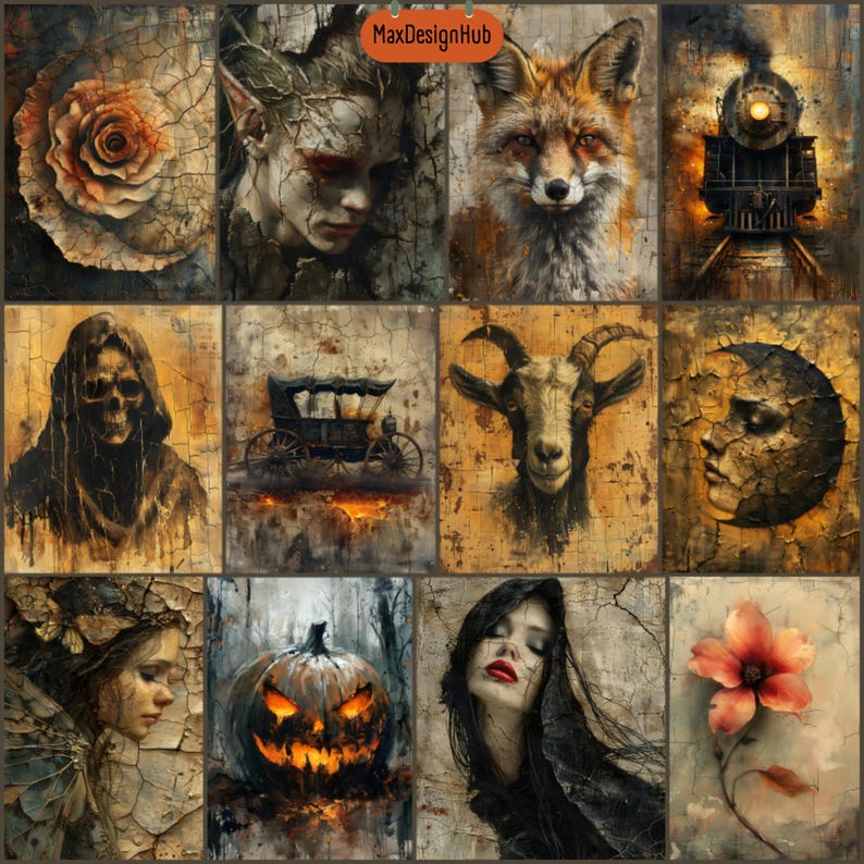 May include: A collage of 12 images with a dark, vintage aesthetic. The images include a rose, a forest elf, a fox, a train, a hooded figure, a carriage, a goat, a moon, a woman's face, a jack-o-lantern, a woman with long black hair, and a flower.