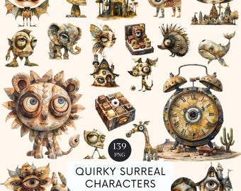 May include: A set of 139 watercolor clipart illustrations of quirky, surreal characters. The characters are whimsical and feature a variety of colors and textures. The illustrations are perfect for adding a touch of whimsy to any project.