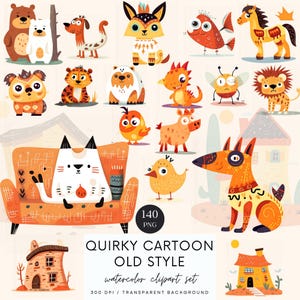 Quirky Animals Clipart: Whimsical Cartoon PNG (Digital Download)