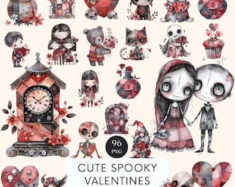 Spooky Valentines Clipart, Gothic Animals PNG (Digital Download)
