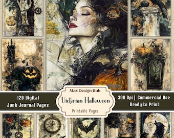 Victorian Halloween Junk Journal Pages, Gothic Vintage Printable, Dark Romantic Scrapbook, Antique Ephemera