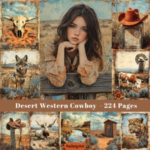 Pagine del diario "Desert Junk", effimeri western, cowboy, cowgirl, stivali, animali del deserto, carta digitale, immagine stampabile, materiale per scrapbooking