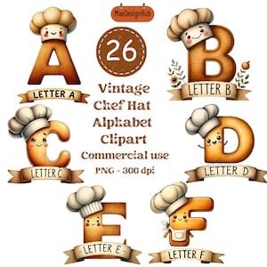 Colección de 26 imágenes prediseñadas del alfabeto de gorro de chef vintage lindo PNG, imágenes prediseñadas de cocina PNG, imágenes prediseñadas de hitos de bebé, imágenes prediseñadas de acuarela, descarga digital