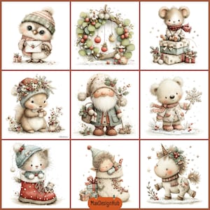 May include: A grid of nine Christmas-themed illustrations featuring a snowy owl with a letter, a festive wreath, a mouse on gifts, a squirrel with berries, a gnome, a bear with a snowflake, a kitten in a boot, an elf in a stocking, and a unicorn.