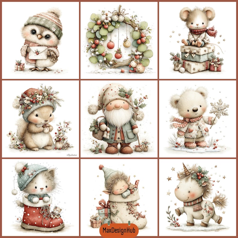 May include: A grid of nine Christmas-themed illustrations featuring a snowy owl with a letter, a festive wreath, a mouse on gifts, a squirrel with berries, a gnome, a bear with a snowflake, a kitten in a boot, an elf in a stocking, and a unicorn.