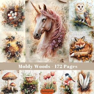 Woodland Junk Journal, beschimmelde ephemera, botanische pagina's, plakboekkit, bloemen afdrukbaar, natuurillustratie, groen, plakboekvoorraad