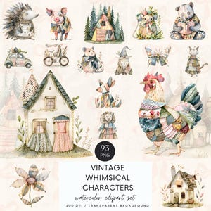 Vintage Whimsical Characters Clipart,  Printable Scrapbooking Supplies, Whimsical Animals, Paper Craft, Digital Download, Commercial Use