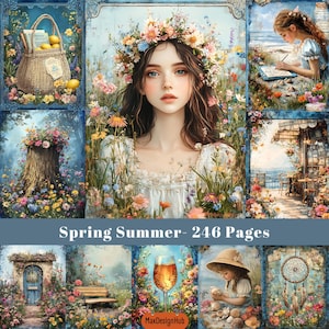 Printemps été, Pages de journal indésirable, Éphémères du jardin, Papier numérique, Papier pour collage, Pages de scrapbooking, Image imprimable