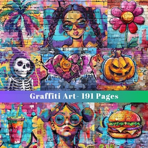 グラフィティアート、デジタルウォールアート、ストリートアートデジタルペーパー、漫画グラフィティ、スクラップブック用品、ジャンクジャーナルキット、印刷可能な画像
