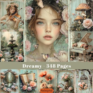Diario dei sogni, Effimere floreali, Shabby Chic, Carta digitale, Carta per collage, Pagina per scrapbooking, Immagine stampabile, Pacchetto enorme, Download digitale