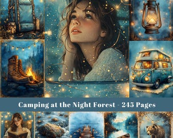 Peut inclure: Un collage d'images représentant un voyage de camping dans une forêt la nuit. Les images comprennent une femme regardant les étoiles, un sac à dos, une lanterne, un feu de camp, une camionnette, une rivière, un pont, un bateau et un ours.