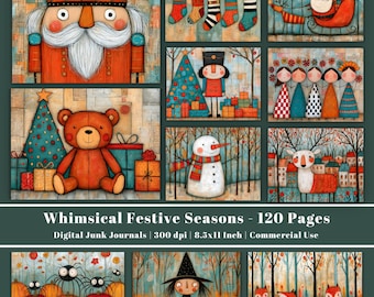 Whimsical Festive Seasons Junk Journal, Christmas Halloween Printable, Seasonal Scrapbook Pages, Winter Autumn