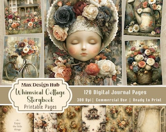 Whimsical Cottage Storybook Journal Kit, Cottagecore Scrapbook Pages, Printable Floral Journal, Vintage Paper