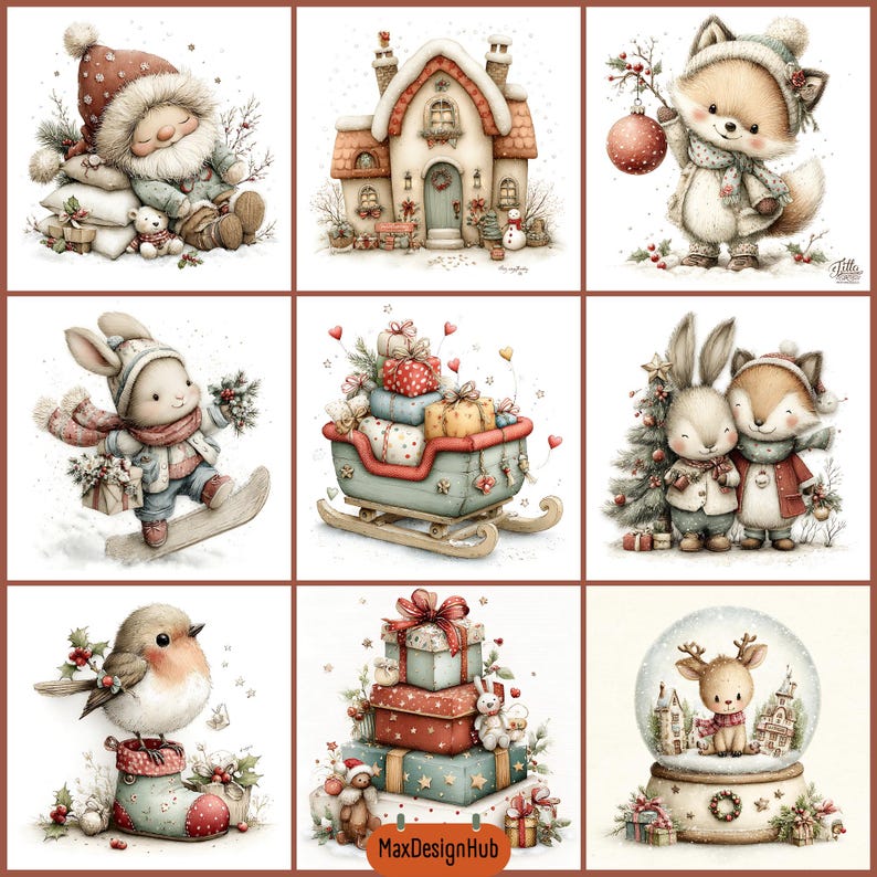 May include: A collection of nine Christmas-themed illustrations featuring a sleeping gnome, a snow-covered cottage, a fox with an ornament, a rabbit on a snowboard, a gift-filled sleigh, a rabbit and fox pair, a robin in a boot, stacked gifts, and a reindeer snow globe.