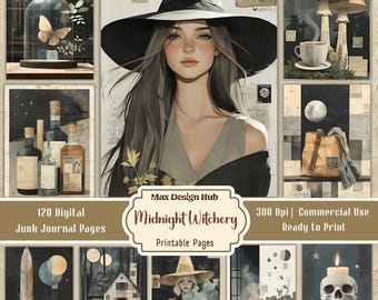 Midnight Witchery Junk Journal Kit, Witch Printable Pages, Celestial Gothic Ephemera, Dark Academia Papers