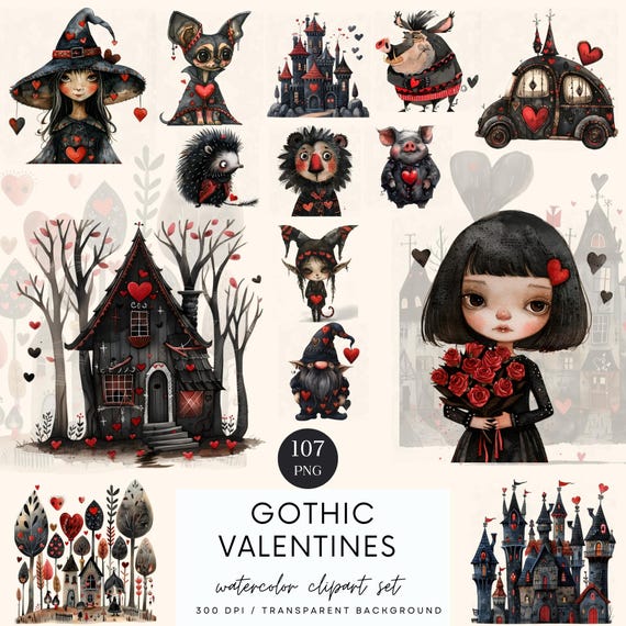 Gothic Valentines Clipart: Spooky Heart & Roses PNG (Digital Download)