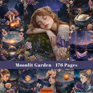 Jardín iluminado por la luna, página de diario basura, papel de álbum de recortes celestial, jardín iluminado por la luna caprichoso, mágico, fantasía, papel digital, imagen imprimible