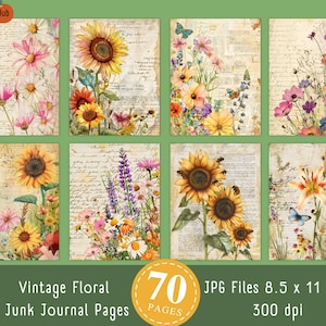 Vintage Floral Junk Journal Pages, digitale download, lentebloem collagevellen, botanisch plakboekpapier, botanische kaarten JPG afdrukbaar
