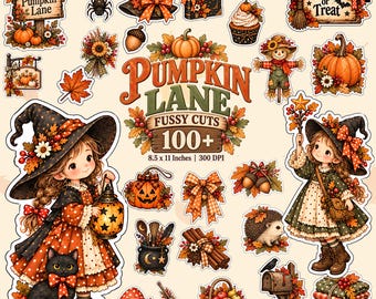 Pumpkin Lane Fussy Cuts, Halloween Junk Journal Ephemera, Autumn Printable Embellishments, Witchy Scrapbook Elements
