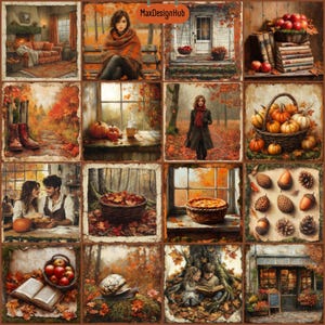 May include: A collage of autumn-themed images, including a woman sitting on a bench, a window with a view of fall foliage, a basket of pumpkins, a couple sitting at a table, a basket of acorns, a snail on a leaf, two children reading a book, and a storefront with fall decorations.