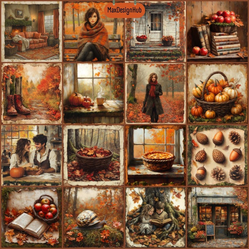 May include: A collage of autumn-themed images, including a woman sitting on a bench, a window with a view of fall foliage, a basket of pumpkins, a couple sitting at a table, a basket of acorns, a snail on a leaf, two children reading a book, and a storefront with fall decorations.