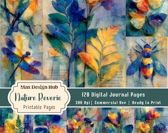 Nature Reverie Junk Journal Pages, Botanical Printable Papers, Butterfly Bird Ephemera, Mixed Media Kit