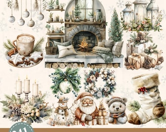 Neutral Christmas Watercolor Clipart: Festive PNG Images (Digital Download)