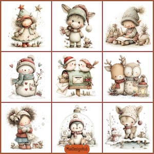 May include: A collection of nine illustrations featuring winter and holiday themes, including a fairy, a donkey, a child writing, a snowman, birds on a mailbox, a deer and owl, a child in winter gear, a penguin in a globe, and a fawn.