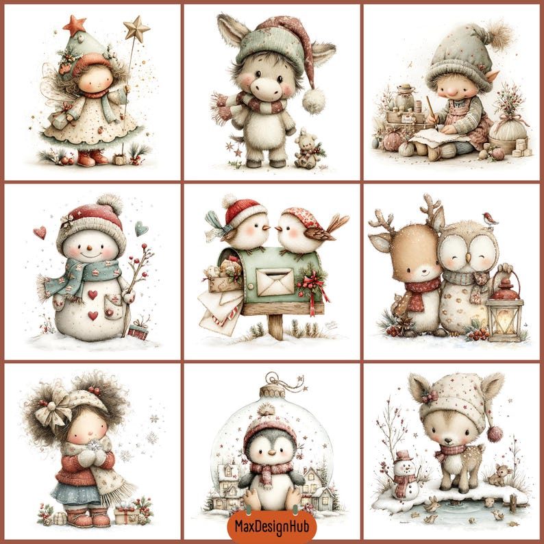 May include: A collection of nine illustrations featuring winter and holiday themes, including a fairy, a donkey, a child writing, a snowman, birds on a mailbox, a deer and owl, a child in winter gear, a penguin in a globe, and a fawn.
