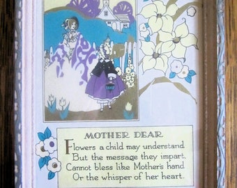 MOTHER DEAR Framed Motto Mother DaughterTudor Cottage with Hollyhocks Tulips