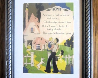 1930 Framed Motto HOME Father Mother Children Dog Tudor Cottage