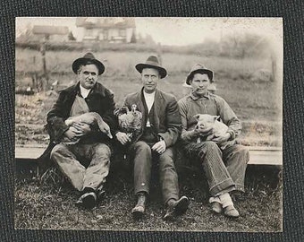 3 Guys with Their Pets DUCK CHICKEN PIG Early 20th Century Photograph