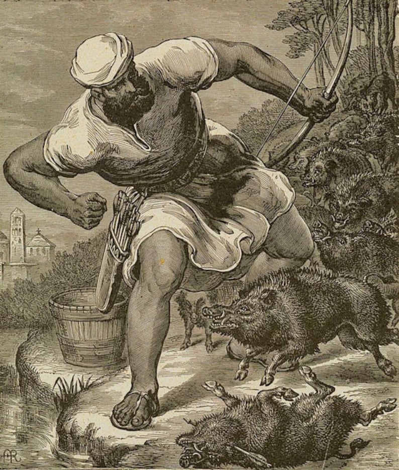 1800s Steel Engraving The GIANT And The BOARS Exquisite And Etsy
